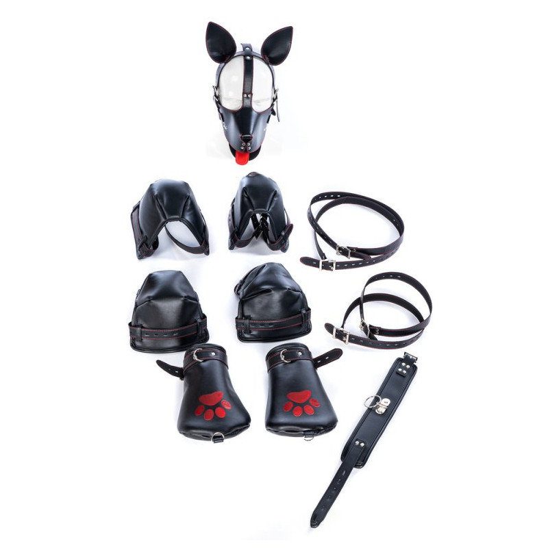 Kinky Puppy Kit complet Puppy Bondage 14 Pièces Noir-Rouge